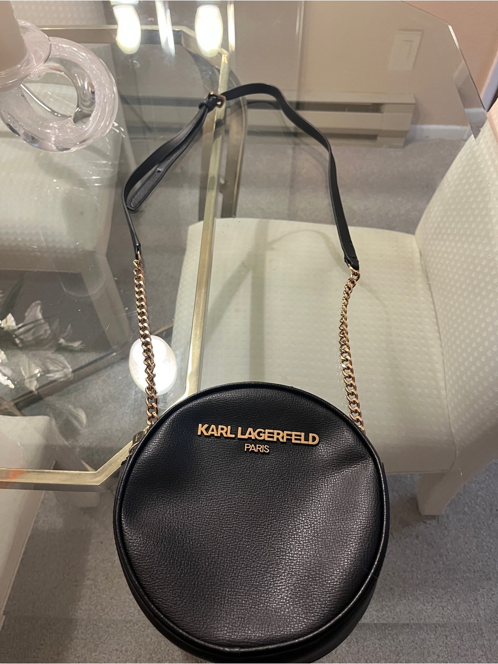 KARL LAGERFELD PARIS Black Round Leather Shoulder Bag Purse